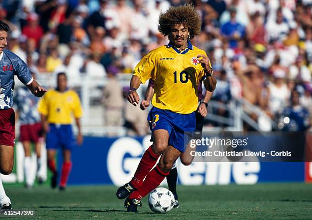 Carlos Valderama in action during a first round match of the 1994 FIFA World Cup against USA. USA won 2-1.