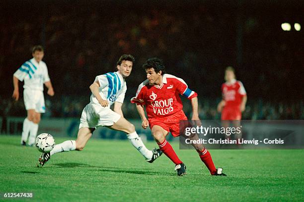 Jorge Burruchaga in action during the French Championship of the 1992-1993 season against Marseille. This match became France's soccer scandal of the...