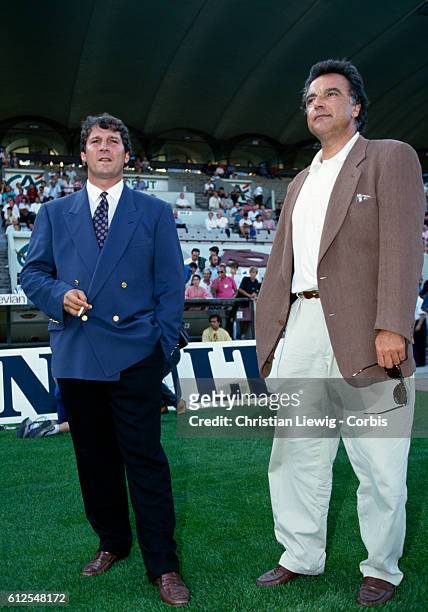 Roland Courbis, Bordeaux coach and Alain Afflelou, Bordeaux president before the match against Cannes during the French soccer 1993-1994 championship.