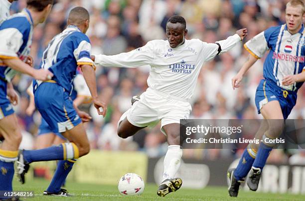 Tony Yeboah during a match between Sheffield Wednesday and Leeds United in the English Premier League.