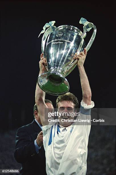 Champions League Final, Olympique de Marseille vs AC Milan. Marseille won 1-0. Marseille's captain Didier Deschamps holding the trophy.