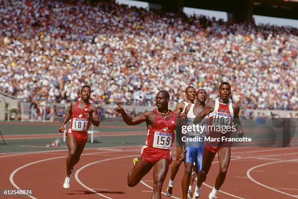 Final of the men's 100-meter sprint at the Olympic Games. Desai Williams , Ben Jonhson , Calvin Smith , Linford Christie and Carl Lewis . Johnson was...