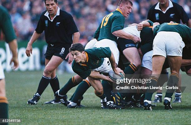 Joost van der Westhuisen releases the ball from the scrum during the final match between South Africa and New Zealand, at the Rugby World Cup.