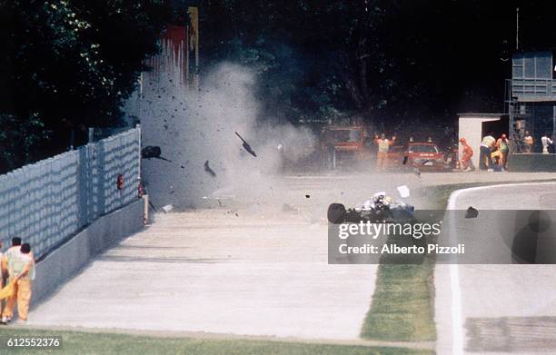 Formula One racer Ayrton Senna crashes into a wall during the 1994 San Marino Grand Prix in Imola, Italy. Senna later died at the Maggiore Hospital...