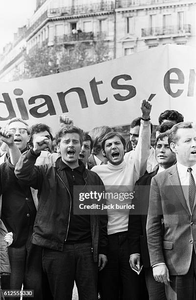 Student leaders Daniel Cohn Bendit and Jacques Sauvageot of the National Union of French Students demonstrate in Paris streets after evacuation of...