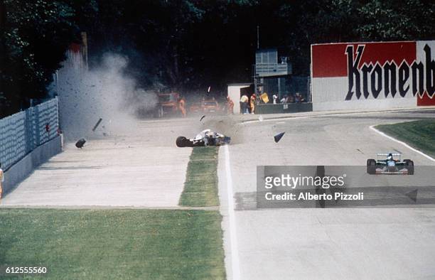 Formula One racer Ayrton Senna crashes into a wall during the 1994 San Marino Grand Prix in Imola, Italy. Senna later died at the Maggiore Hospital...