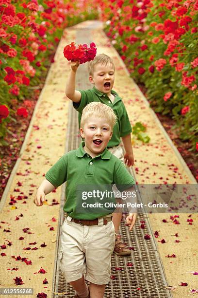 Princes of Belgium Gabriel and Emmanuel run through a section of the royal greenhouse at the castle of Laeken.