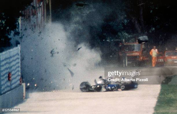 Formula One racer Ayrton Senna crashes into a wall during the 1994 San Marino Grand Prix in Imola, Italy. Senna later died at the Maggiore Hospital...