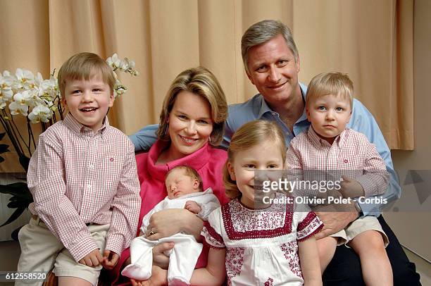 Belgium's Crown Prince Philippe and Princess Mathilde pose with their new daughter Eleonore and their three other children in Brussels. Childs from...