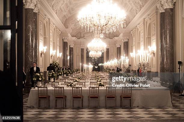 Queen Mathilde of Belgium pictured during a royal dinner at the Royal Castle in Laken - Laeken, Brussels, part of a state visit of German President...