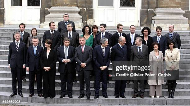 Newly government Leterme at the Royal Castle of Laeken. Defence Minister Pieter De Crem, Foreign Minister Karel De Gucht, Minister of Middle Class,...