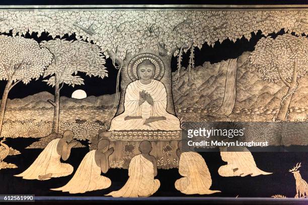 lacquer ware, buddhist monks worshipping buddha beneath banyan tree, bagan, myanmar, (burma) - buddha stock-grafiken, -clipart, -cartoons und -symbole