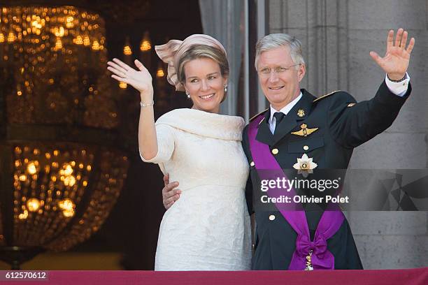 Brussels, Belgium, July 21, 2013 - Queen Mathilde of Belgium and King Philippe - Filip of Belgium pictured during the appearance of the Royal Family...