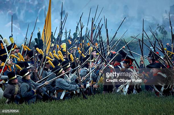 Illustration picture shows the first re-enactment, the French attack, part of the commemoration of the bicentenary of the Battle of Waterloo, Friday...