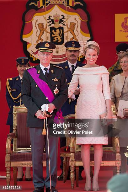 King Philippe, queen Mathilde mathilde, pictured during the military parade of the troops of the Belgian Army on the Belgian National Day, Sunday 21...