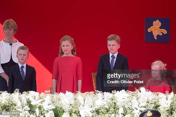Prince Emmanuel, Crown Princess Elisabeth, Prince Gabriel and Princess Eleonore pictured during the military parade of the troops of the Belgian Army...