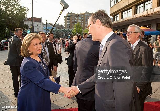 Grand Duke Henri and Grand Duchess Maria Teresa of Luxembourg arriving at a concert in Flagey for the official opening of Luxembourg's presidency....