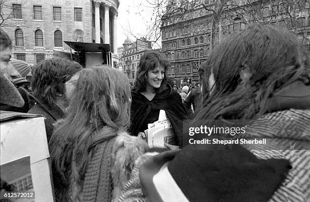 Germaine Greer talking to fellow protestors at the first women's liberation march in London. Over 4,000 women took part in the demonstration.