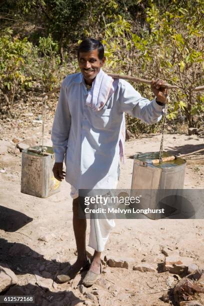 man carrying containers full of water, in ranthambhore fort, ranthambhore national park, rajasthan, india - ranthambore fort stock-fotos und bilder