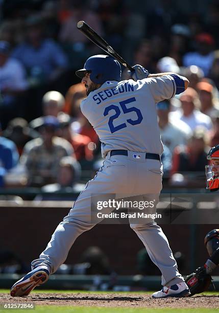 Rob Segedin of the Los Angeles Dodgers bats against the San Francisco Giants during the game at AT&T Park on Sunday, October 2, 2016 in San...