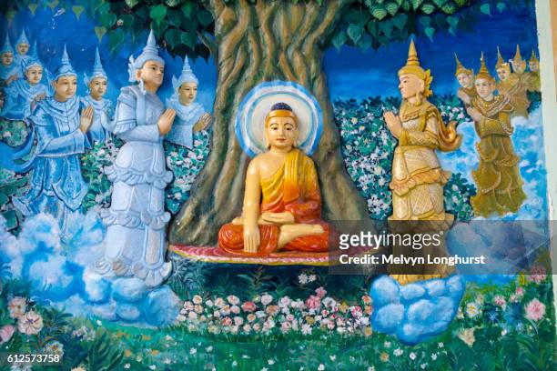 painting depicting the life of buddha on a prayer hall wall, shwedagon pagoda, yangon, (rangoon), my - rangun stock illustrations