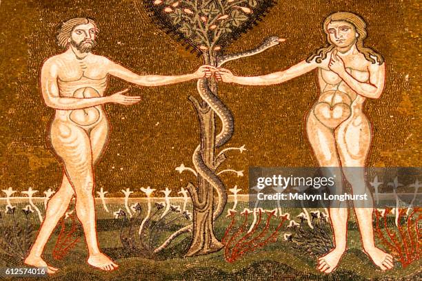 mosaic of adam and eve, inside monreale cathedral, monreale, near palermo, sicily, italy - temptation of eve stock pictures, royalty-free photos & images