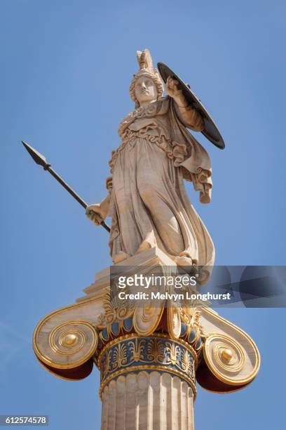 statue of athena outside the academy of arts, athens, greece - roman goddess stock pictures, royalty-free photos & images