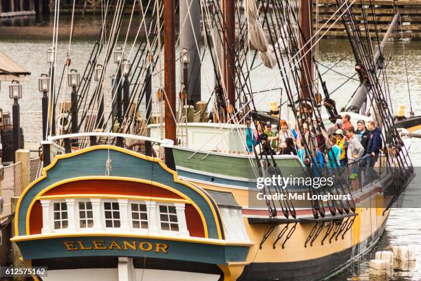 eleanor, replica of one of the boston tea party ships, outside boston tea party museum, boston, massachusetts, usa - boston tea party stock pictures, royalty-free photos & images