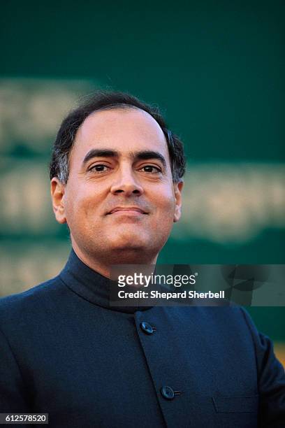 Indian prime minister Rajiv Gandhi attends a World Wildlife Fund event in New Delhi. Gandhi is announcing the launch of the WWF Indias Community...