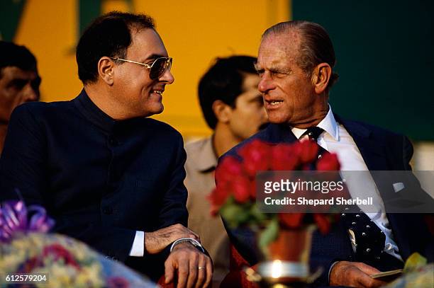 Indian prime minister Rajiv Gandhi attends a World Wildlife Fund event with Prince Philip, president of the organization. Gandhi is announcing the...