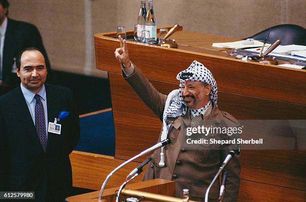 Yasser Arafat giving a speech at the UN General Assembly, in Geneva, Switzerland, on December 13, 1988. The US barred Arafat from entering the United...