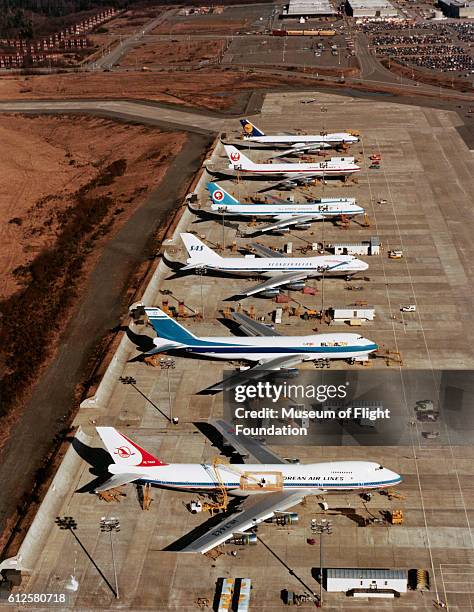 Lineup of Boeing 747 Jumbo Jets during preflight operations at Paine Field in Everett, Washington. | Location: Paine Field, Everett, Washington, USA.