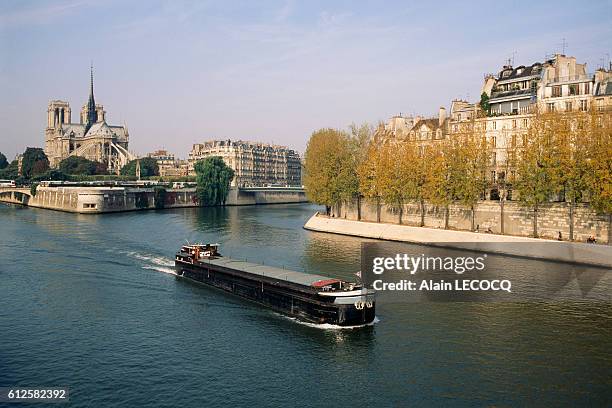 Chevet of the Cathedral of Notre Dame Paris, located on Ile de la Cite in the River Seine. On the right, Ile Saint Louis.