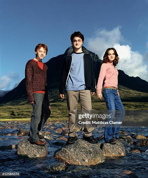 Rupert Grint as Ron Weasley , Daniel Radcliffe as Harry Potter, and Emma Watson as Hermione Granger in the film Harry Potter and the Prisoner of...