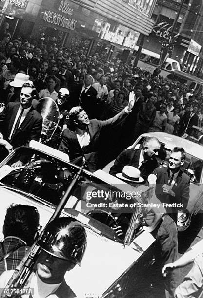 Democratic Party nominated John F. Kennedy, Senator from Massachusetts, in parade with Lyndon B. Johnson, during the 1960 presidential election...