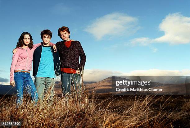 Rupert Grint as Ron Weasley , Daniel Radcliffe as Harry Potter, and Emma Watson as Hermione Granger in the film Harry Potter and the Prisoner of...