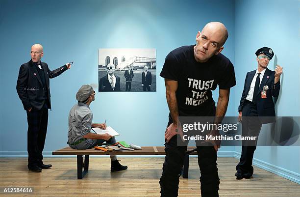 Michael Stipe, the singer of R.E.M., as four different men in a museum with a photograph of the rock band.