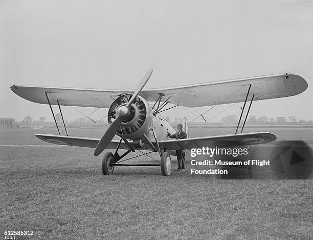 This Bristol Bulldog Mk. IV fighter biplane, serving for the Royal Air Force in 1933, was equipped with a Bristol Mercury engine with a ring cowling.