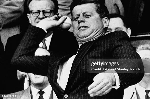 Democratic Party nominated John F. Kennedy, Senator from Massachusetts, relaxing during the 1960 presidential election campaign.