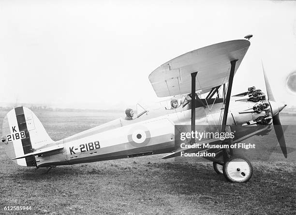The Bristol Bulldog IIA two-seat fighter/trainer aircraft, also called the Bulldog TM, on the ground being evaluated by the Royal Air Force. Filton,...