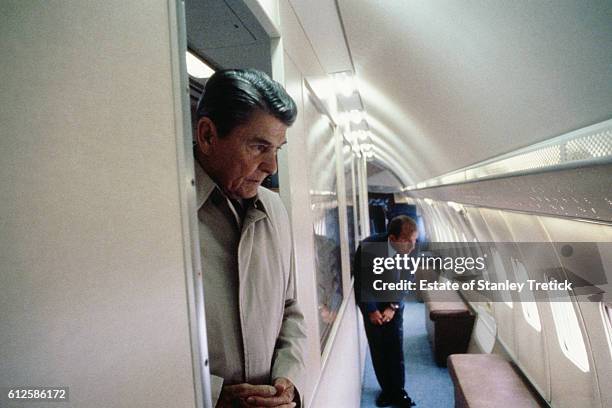 American president Ronald Reagan in the presidential aircraft.