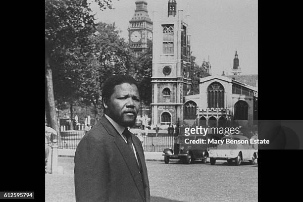 South African anti-apartheid activist, revolutionary and politician Nelson Mandela on visit to London.