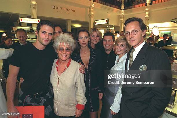 Julien Gueris, Catherine Lara, Mathilda May, Alexandra Bronkers, Bruno Cottard at Elizabeth Arden's stand.