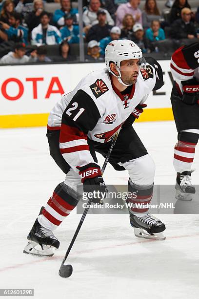 Jamie McBain of the Arizona Coyotes faces off against the San Jose Sharks at SAP Center on September 30, 2016 in San Jose, California.