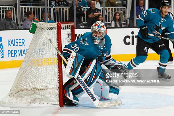 Aaron Dell of the San Jose Sharks defends the net against the Arizona Coyotes at SAP Center on September 30, 2016 in San Jose, California.