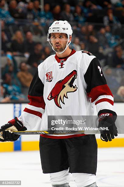 Jamie McBain of the Arizona Coyotes looks on during the game against the San Jose Sharks at SAP Center on September 30, 2016 in San Jose, California.