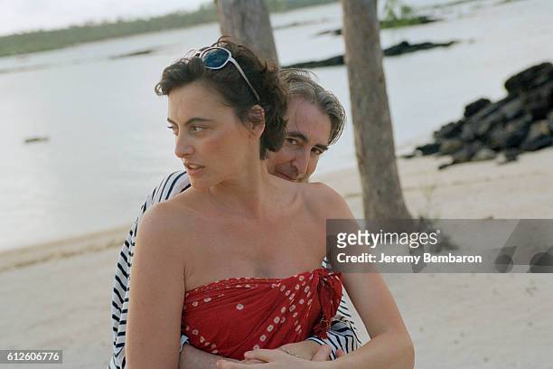French model Ines de La Fressange, who is currently pregnant, her husband, Luigi d'Urso on vacation in Mauritius.