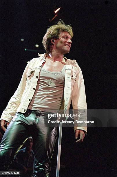 Jon Bon Jovi with his band on stage in the Omnisport Palace in Bercy.