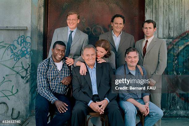 Cast stars of French TV series "Navarro" Jacques Martial, Roger Hanin and Christian Rauth. Second row: Maurice Vaudaux, Catherine Allegret,...