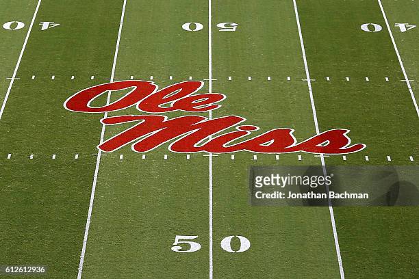 The Mississippi Rebels logo is seen during a game between the Mississippi Rebels and the Memphis Tigers at Vaught-Hemingway Stadium on October 1,...